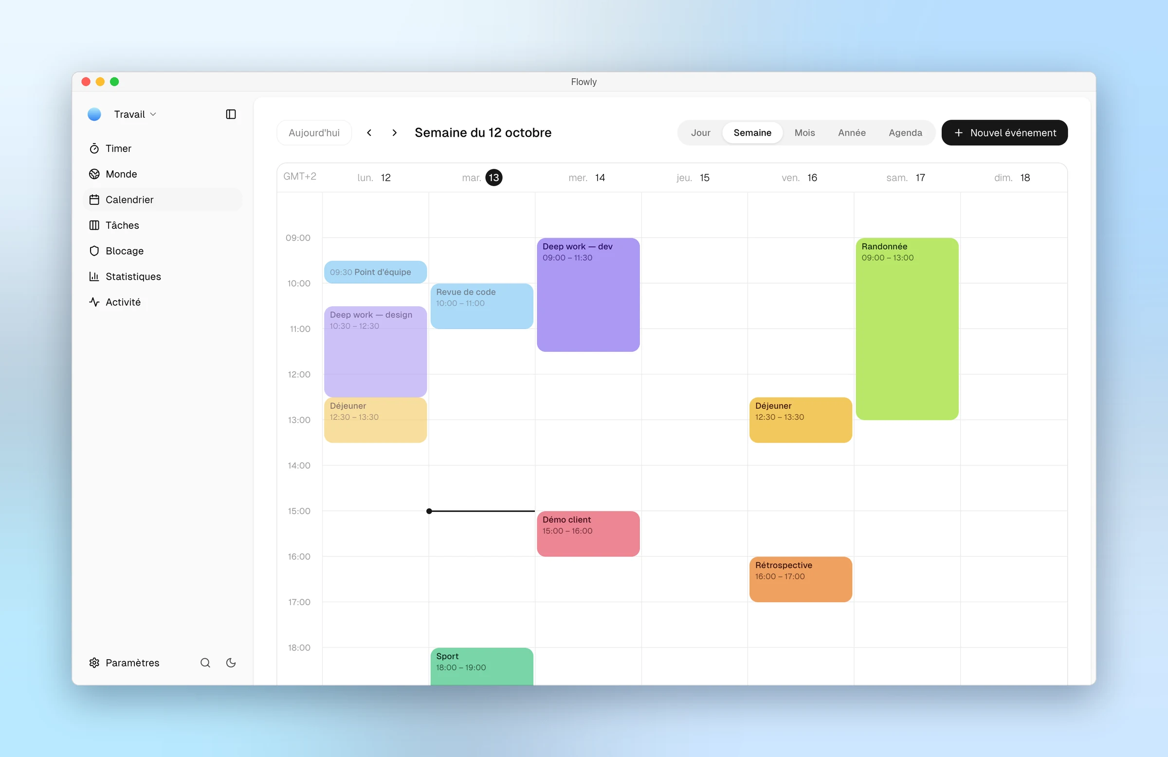 Calendrier de la semaine dans Flowly sur Mac